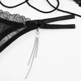 Women Sheer Floral Embroidery Tassel Chain Sexy Lingerie Two-Piece Set