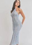 Women Sleeveless Sexy See-Through Halter Neck Cutout Backless Maxi Dress