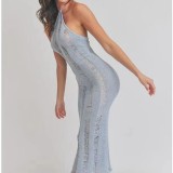 Women Sleeveless Sexy See-Through Halter Neck Cutout Backless Maxi Dress