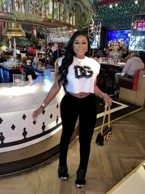 Women Summer Letter Print Round Neck Short Sleeve Top and Pants Two-Piece Set