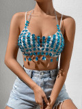 Women Gem Pearl Sexy Halter Neck Strap Backless Top