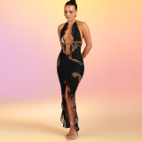 Summer Women's Fashion Print Sexy Halter Neck Lace-Up Low Back Long Dress