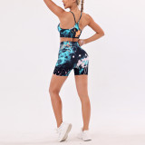 Printed Yoga Clothes Set Women Strap Yoga Bra Butt Lift High Waist Fitness Exercise Shorts