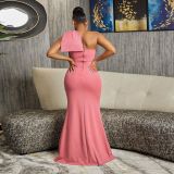 Sexy Fit Solid Beaded Bow One Shoulder Slit Evening Dress