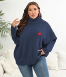 Heart Print Sticker Plus Size Women's Solid Turtleneck Woven Sweater Oversized Pullover Women's Top