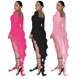 Women's Chic Square Neck Long Sleeve Mesh Patchwork Ruffle Slit Dress