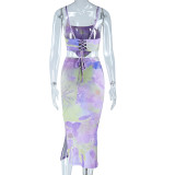 Fashion Print Sexy Low Back Tie Top Sleeveless Bodycon Skirt Two-Piece Set For Women