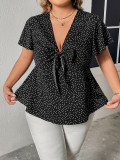 Plus Size Loose Ladies Deep V Slim Waist Polka Dot Print Ladies Top