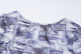 Women's Summer Fashion Print Low Back Long Sleeve Top Slim Pleated Skirt Set