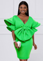 Fashionable deep v sexy dress with bowknot double layer Bell Bottom sleeve dress