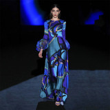 Spring Summer Women's Blue Mid-Rise Printed Dress Chic Maxi Dress