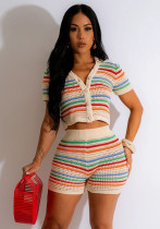 Women's Casual Multi-Color Stripe Knitting Short Set