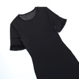 Sexy See-Through Round Neck Solid Tassel Short Sleeve Bodycon Slim Dress