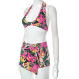 Women's Summer Printed Bikini Set Halter Neck Top Shorts Beachwear