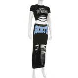 retro print Ripped hollow Round Neck pullover short t-shirt + Tight Fitting high waist long skirt two-piece set