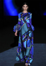 Spring Summer Women's Blue Mid-Rise Printed Dress Chic Maxi Dress