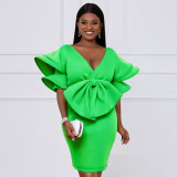 Fashionable deep v sexy dress with bowknot double layer Bell Bottom sleeve dress