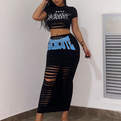 retro print Ripped hollow Round Neck pullover short t-shirt + Tight Fitting high waist long skirt two-piece set