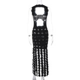 Women's Fashion Low Back Cutout Dress Irregular Tassel Maxi Sleeveless High Waisted Tank Dress