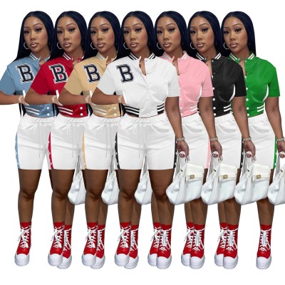 Women Summer Contrast Pocket Baseball Top and Shorts Sports Two-Piece Set