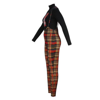 Women Casual Christmas Turtleneck Top and Plaid Overalls Two-Piece Set