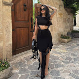 Summer Off Shoulder Ruffled Tassels Sexy two piece skirt set