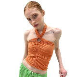 Women's Sexy Low Back Summer Solid Mesh Pleated Halter Neck Top