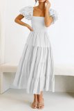 Summer Ladies Square Neck Low Back Short Sleeve Puff Sleeve Pleated A-line Dress