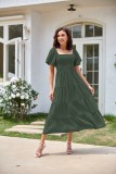 Summer Ladies Square Neck Low Back Short Sleeve Puff Sleeve Pleated A-line Dress