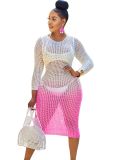 women's hollow fishnet gradient color dress
