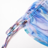 Women's Summer Mesh Print Sleeveless Top Short Skirt Casual two piece Set