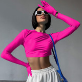 Women Summer Solid Round Neck Long Sleeve Glove Crop T-Shirt