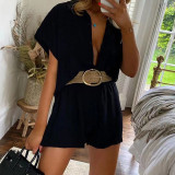 Women summer short-sleeved shirt and lace-up shorts Solid two-piece set
