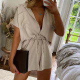 Women summer short-sleeved shirt and lace-up shorts Solid two-piece set