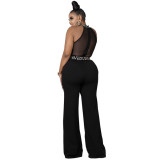 Women Sleeveless Mesh Sexy Bell Bottom Jumpsuit