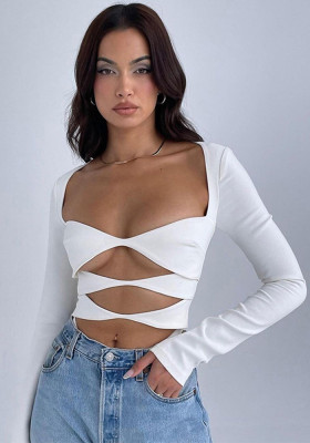 Women Sexy Cutout Long Sleeve Solid Bodysuit