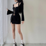 Women Square Neck Pleated Sexy Bell Bottom Sleeves Lace-Up Top and Skirt Two-Piece Set