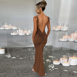 Women Summer Sexy Backless Pleated Solid Strap Dress