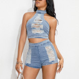 Women Stretch Ripped Strapless Denim Top and Denim Shorts Set of Two