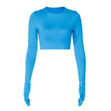 Women Summer Solid Round Neck Long Sleeve Glove Crop T-Shirt