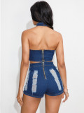 Women Stretch Ripped Strapless Denim Top and Denim Shorts Set of Two