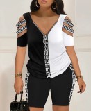 Women Contrasting Color Bandage Print Short Sleeve Top and Shorts Two-Piece Set