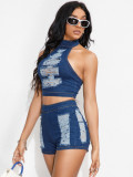 Women Stretch Ripped Strapless Denim Top and Denim Shorts Set of Two