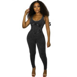 Women's Summer High Waist Tight Fitting Ribbed Sleeveless Casual Sports Jumpsuit