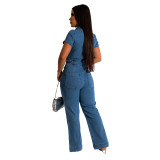 Sexy Fashion Denim Short Sleeve Wide Leg Jumpsuit