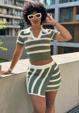 Women's Fall Turndown Collar Short Sleeve Striped Colorblock Knitting Short Slim Bodycon Set