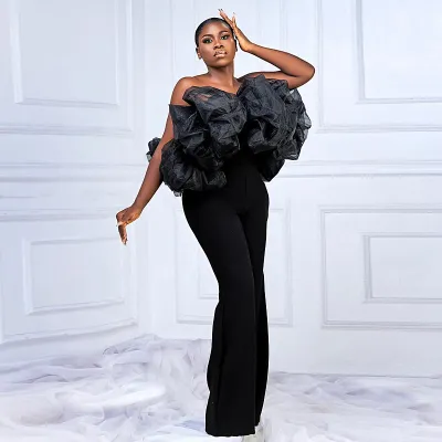 Women's Summer Sexy Mesh Strapless High Waist Wide Leg Jumpsuit