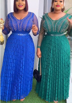 African Ladies Plus Size Slim Waist Beaded Pleated Fashion Maxi Dress