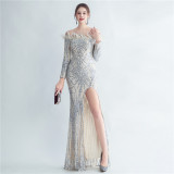 Feather Sequins Off Shoulder Long Sleeve Mermaid Evening Dress