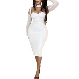 Solid Color Sexy Long Oversleeve Mesh Patchwork Straps Bodycon Slit Dress Trendy
